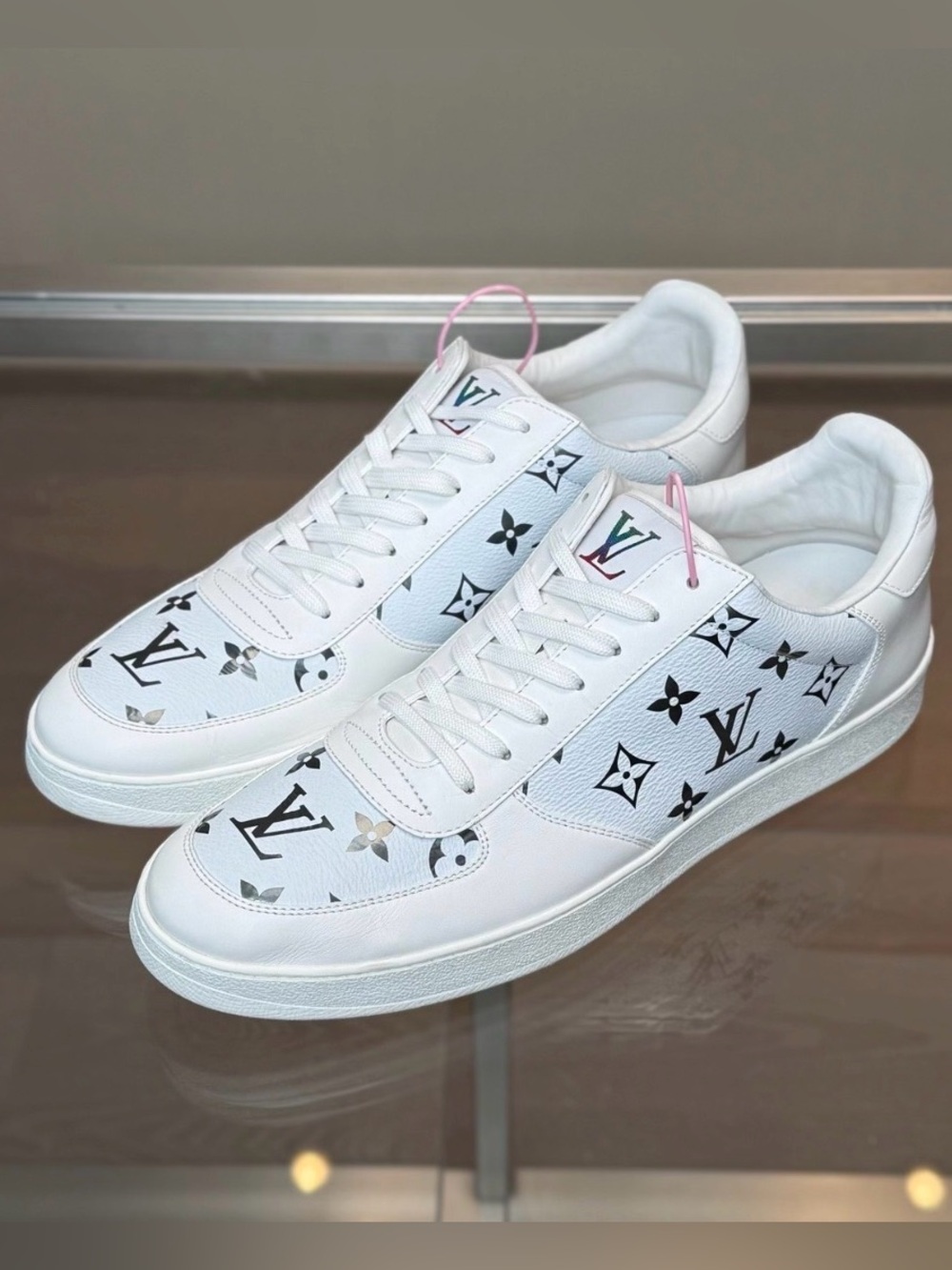 Louis Vuitton White Sneakers with Black Monogram and Pink Lace Tab